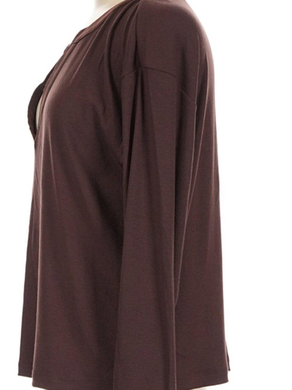 NWT Evereve Bex Split Neck Modal Blend Ribbed Long Sleeve Top Staple Brown M - Picture 7 of 10